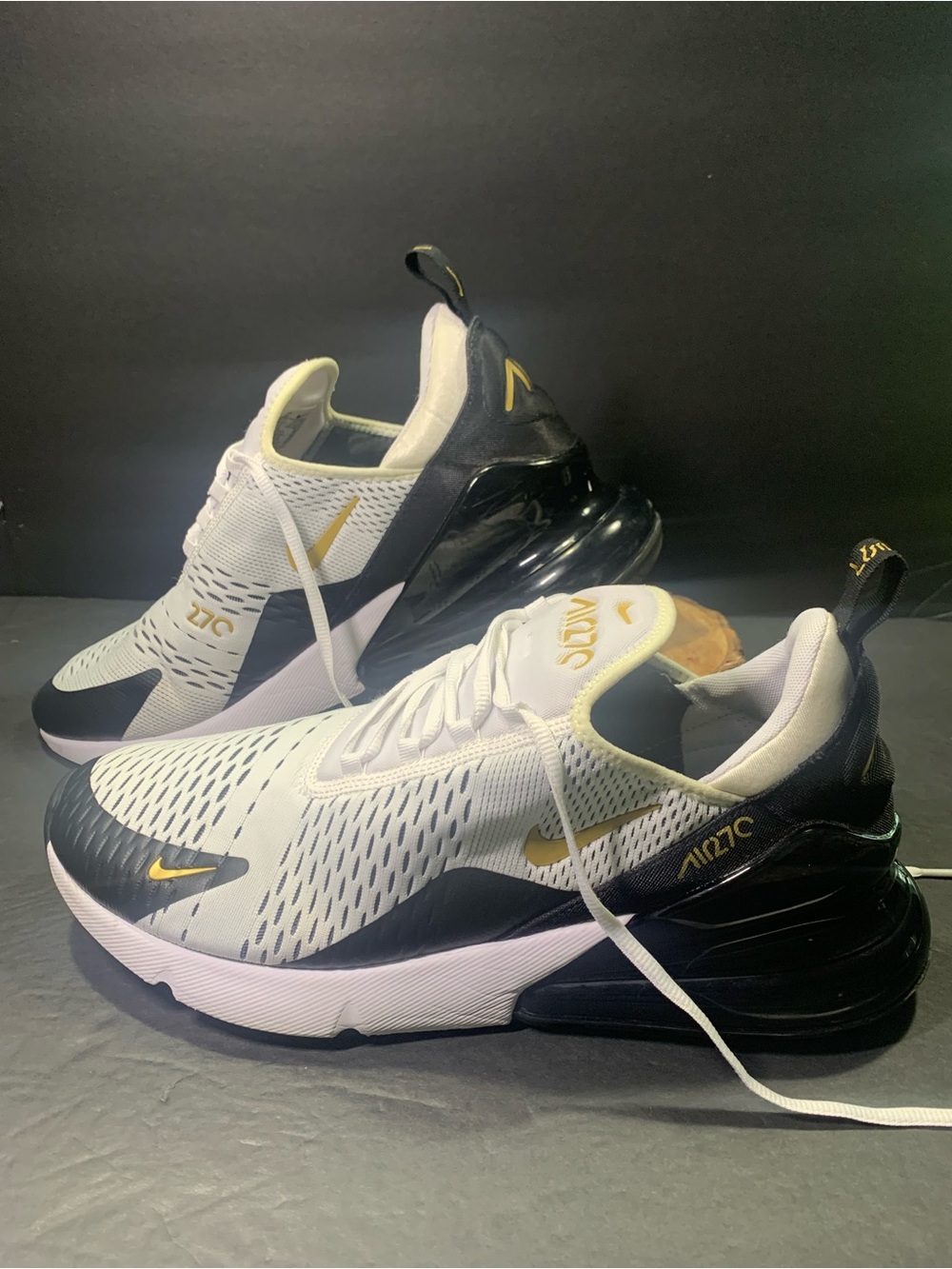 Nike Air Max 270 Men’s White Gold Black Running Walking Sneakers Shoe Size- 13